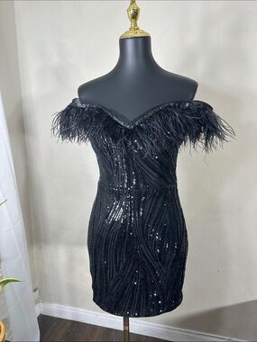 Off the Shoulder couture Black Sequin Feather Mini Dress